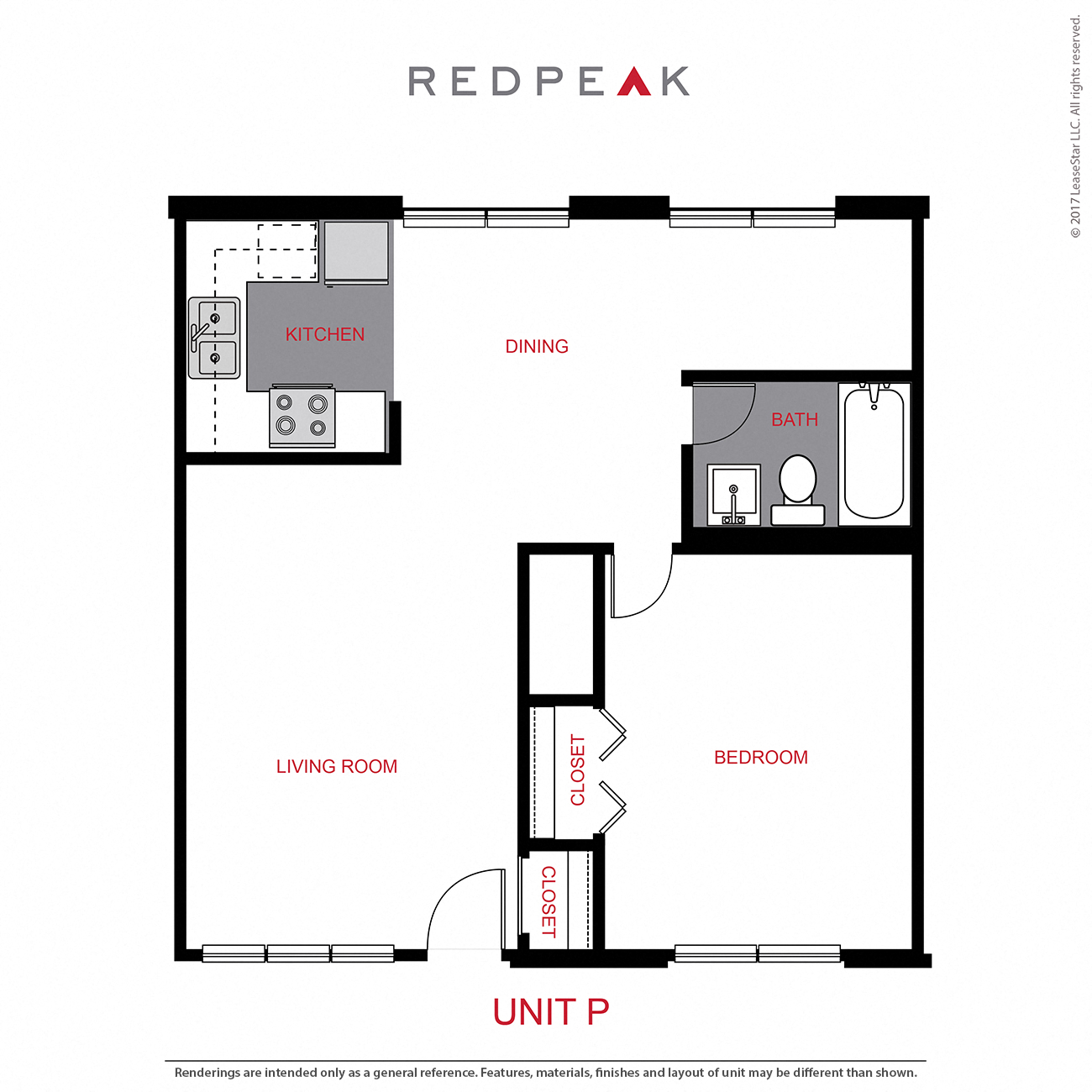 Floor plan for 1 bed, 1 bath, 730 sqft